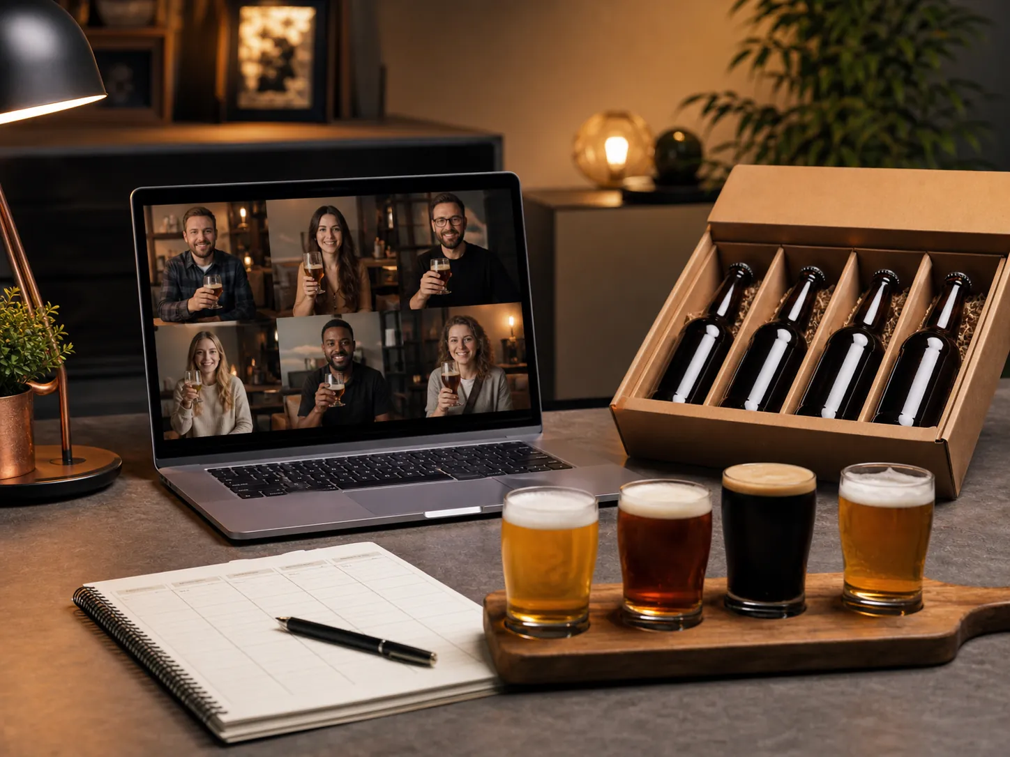 Online-Biertasting mit Laptop und vorbereiteter Bierauswahl